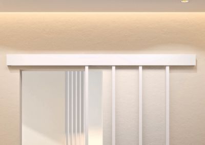 Kit porte 930 atelier blanc verre depoli avec rail bandeau decor assorti