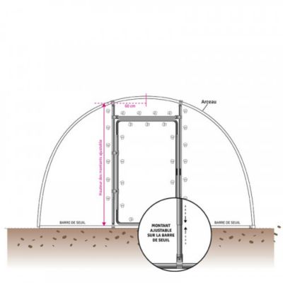 Kit porte adaptable pour serre de H min 1,80 m - max 2 m, Barre de seuil  40 mm, Diamètre de votre arceau 40 mm