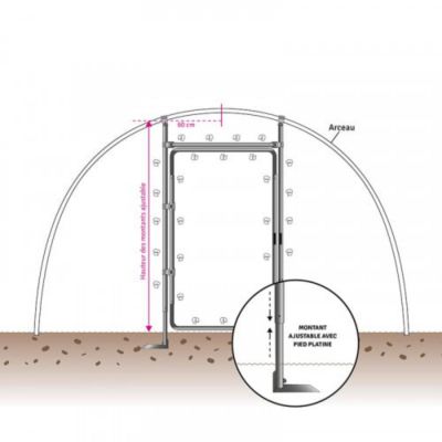 Kit porte adaptable pour serre de H min 2 m - max 2.50 m, Barre de seuil Aucune, Diamètre de votre arceau 32 mm