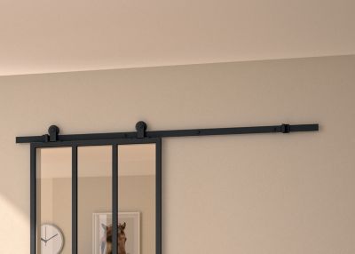 Kit porte coulissante 730 cadre en aluminium noir et rail noir H 204 x 73 x 4cm