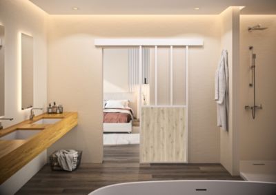 Kit porte coulissante atelier blanche chêne terra avec rail, vitrage transparent, cadre aluminium 83 x 204 cm, Optimum