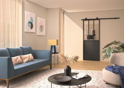 Kit porte coulissante atelier noire, vitrage transparent avec rail apparent 93 x 204 cm, Optimum