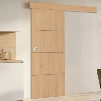 Kit porte coulissante effet bois 83 cm avec rail et fixations
