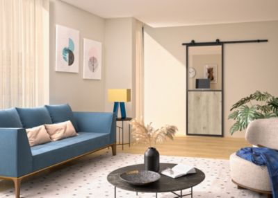 Kit porte coulissante en applique contemporain chêne terra cadre en aluminium noir et verre transparent H.204 X 93 X 3,6 cm