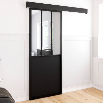 Kit porte coulissante verrière 83 cm en métal + MDF avec rail et fixations