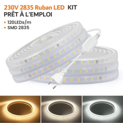 Kit Ruban LED 220v 10M blanc froid 6000K étanche IP65 avec fixations fournies, intérieur et extérieur