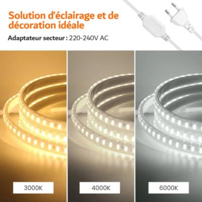 Kit Ruban LED 220v 10M blanc froid 6000K étanche IP65 avec fixations fournies, intérieur et extérieur