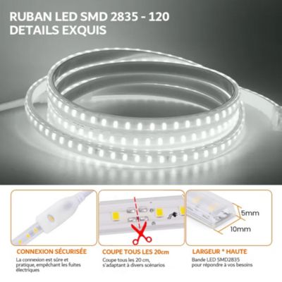 Kit Ruban LED 220v 10M blanc froid 6000K étanche IP65 avec fixations fournies, intérieur et extérieur