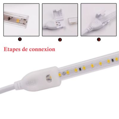 Kit Ruban LED 230v 10M blanc froid 6000K étanche IP67 avec fixations fournies, intérieur et extérieur