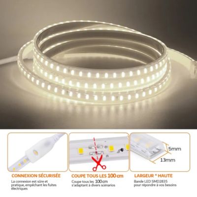 Kit Ruban LED 230v 10M blanc neutre 4000K étanche IP67 avec fixations fournies, intérieur et extérieur