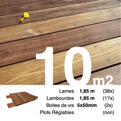 Kit terrasse bois exotique CUMARU pour 10 m², Lames 1,85 m, lambourdes 1,85 m et visserie Inox.