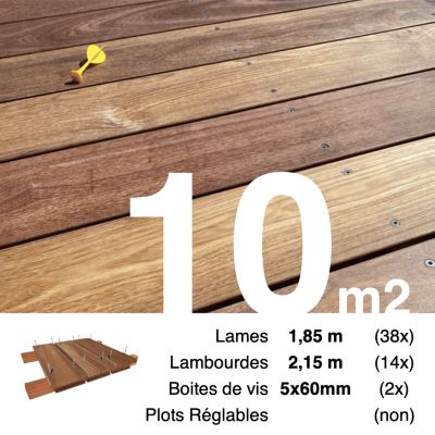 Kit terrasse bois exotique CUMARU pour 10 m², Lames 1,85 m, lambourdes 2,15 m et visserie Inox.