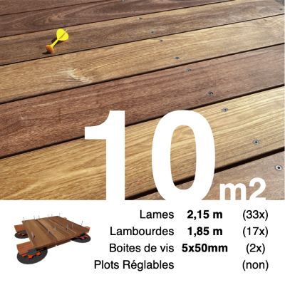 Kit terrasse bois exotique CUMARU pour 10 m², Lames 2,15 m, lambourdes 2,15 m et visserie Inox.