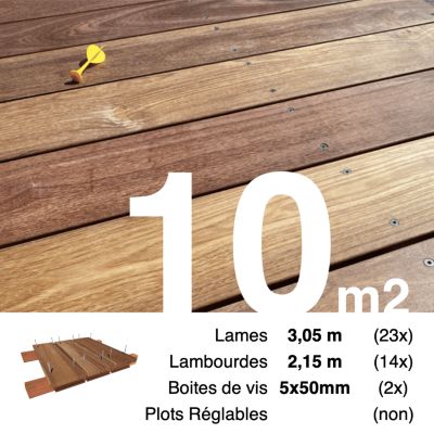 Kit terrasse bois exotique CUMARU pour 10 m², Lames 3,05 m, lambourdes 2,15 m et visserie Inox.