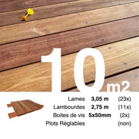 Kit terrasse bois exotique CUMARU pour 10 m², Lames 3,05 m, lambourdes 3,3 m et visserie Inox.
