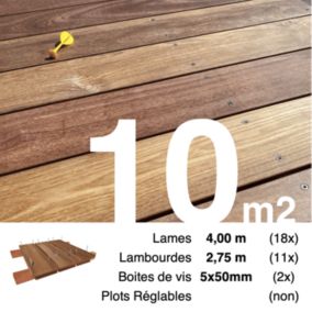Kit terrasse bois exotique CUMARU pour 10 m², Lames 4 m, lambourdes 2,75 m et visserie Inox
