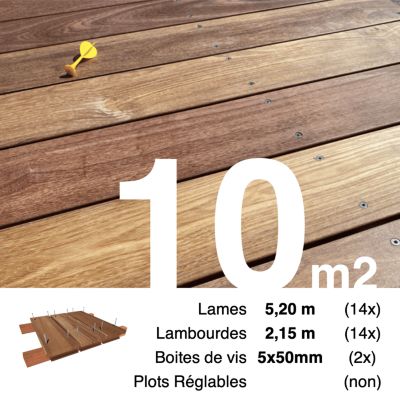 Kit terrasse bois exotique CUMARU pour 10 m², Lames 5,2 m, lambourdes 2,15 m et visserie Inox.