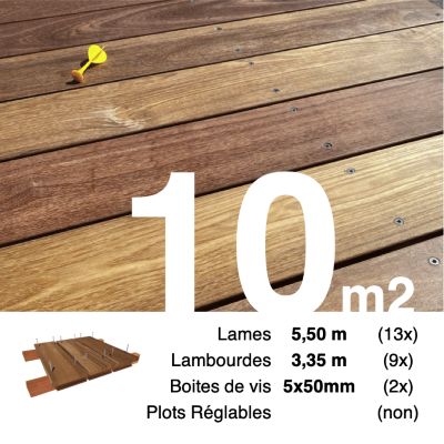 Kit terrasse bois exotique CUMARU pour 10 m², Lames 5,5 m, lambourdes 3,35 m et visserie Inox.