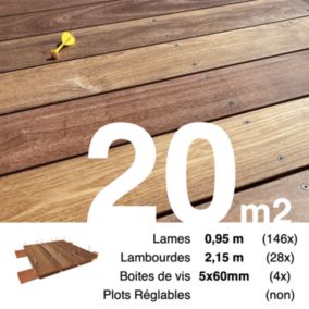 Kit terrasse bois exotique CUMARU pour 20 m², Lames 0,95 m, lambourdes 2,15 m et visserie Inox.