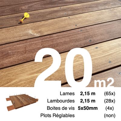 Kit terrasse bois exotique CUMARU pour 20 m², Lames 2,15 m, lambourdes 2,15 m et visserie Inox.