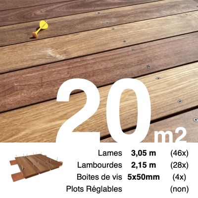 Kit terrasse bois exotique CUMARU pour 20 m², Lames 3,05 m, lambourdes 2,15 m et visserie Inox.