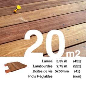 Kit terrasse bois exotique CUMARU pour 20 m², Lames 3,35 m, lambourdes 3,3 m et visserie Inox.