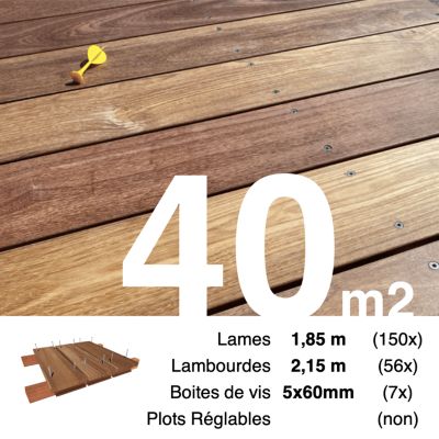 Kit terrasse bois exotique CUMARU pour 40 m², Lames 1,85 m, lambourdes 2,15 m et visserie Inox.