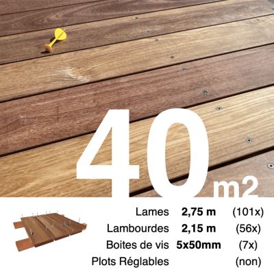 Kit terrasse bois exotique CUMARU pour 40 m², Lames 2,75 m, lambourdes 2,15 m et visserie Inox.