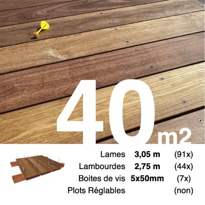 Kit terrasse bois exotique CUMARU pour 40 m², Lames 3,05 m, lambourdes 2,75 m et visserie Inox.