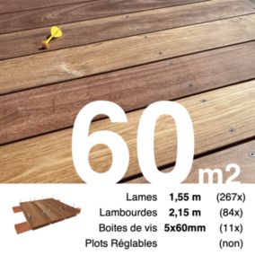 Kit terrasse bois exotique CUMARU pour 60 m², Lames 1,55 m, lambourdes 2,15 m et visserie Inox.