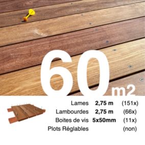 Kit terrasse bois exotique CUMARU pour 60 m², Lames 2,75 m, lambourdes 3,3 m et visserie Inox.