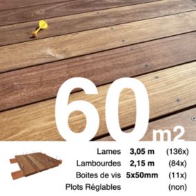 Kit terrasse bois exotique CUMARU pour 60 m², Lames 3,05 m, lambourdes 2,15 m et visserie Inox.