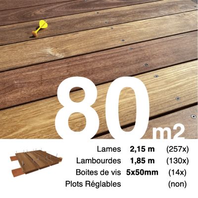 Kit terrasse bois exotique CUMARU pour 80 m², Lames 2,15 m, lambourdes 1,85 m et visserie Inox.