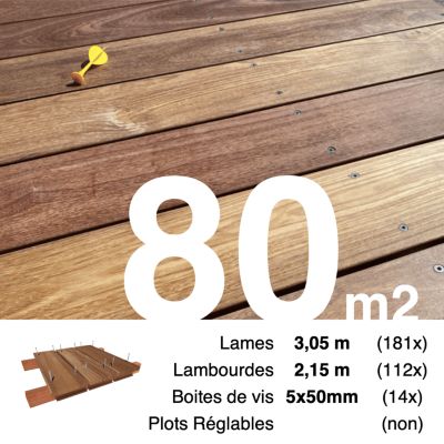 Kit terrasse bois exotique CUMARU pour 80 m², Lames 3,05 m, lambourdes 2,15 m et visserie Inox.