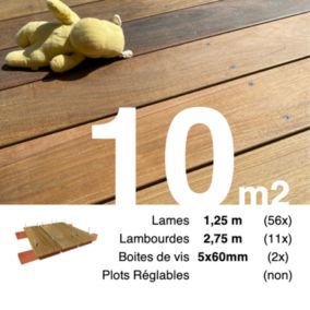 Kit terrasse bois exotique IPE pour 10 m², Lames 1,25 m, lambourdes 3,3 m et visserie Inox.