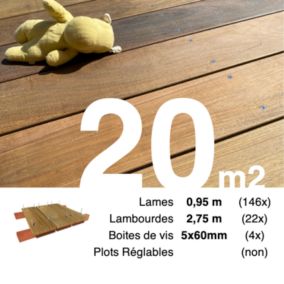 Kit terrasse bois exotique IPE pour 20 m², Lames 0,95 m, lambourdes 3,3 m et visserie Inox.
