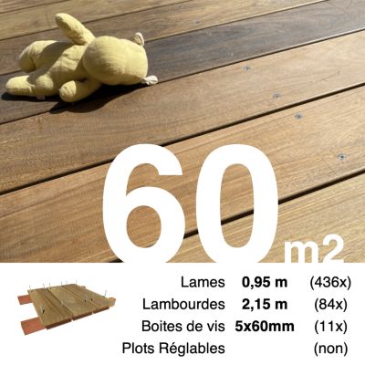 Kit terrasse bois exotique IPE pour 60 m², Lames 0,95 m, lambourdes 2,15 m et visserie Inox.