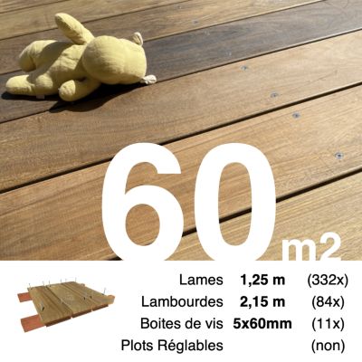 Kit terrasse bois exotique IPE pour 60 m², Lames 1,25 m, lambourdes 2,15 m et visserie Inox.