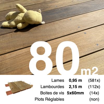 Kit terrasse bois exotique IPE pour 80 m², Lames 0,95 m, lambourdes 2,15 m et visserie Inox.