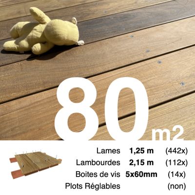 Kit terrasse bois exotique IPE pour 80 m², Lames 1,25 m, lambourdes 2,15 m et visserie Inox.