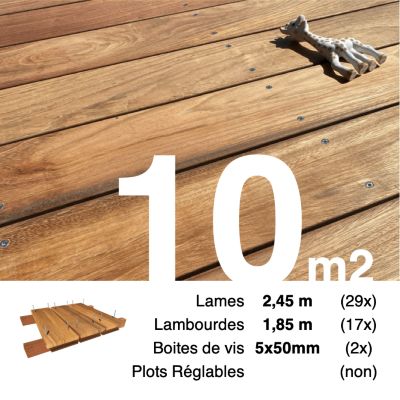 Kit terrasse bois exotique JATOBA pour 10 m², Lames 2,45 m, lambourdes 1,85 m et visserie Inox.
