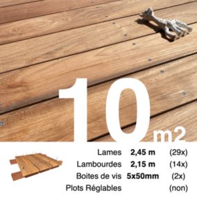 Kit terrasse bois exotique JATOBA pour 10 m², Lames 2,45 m, lambourdes 2,15 m et visserie Inox.