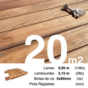 Kit terrasse bois exotique JATOBA pour 20 m², Lames 0,95 m, lambourdes 2,15 m et visserie Inox.