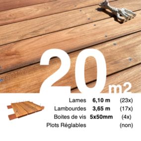 Kit terrasse bois exotique JATOBA pour 20 m², Lames 6,1 m, lambourdes 3,3 m et visserie Inox.
