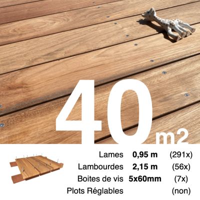 Kit terrasse bois exotique JATOBA pour 40 m², Lames 0,95 m, lambourdes 2,15 m et visserie Inox.