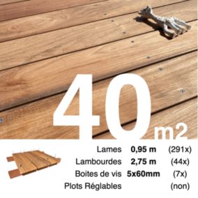 Kit terrasse bois exotique JATOBA pour 40 m², Lames 0,95 m, lambourdes 2,75 m et visserie Inox