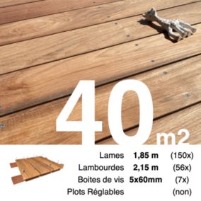 Kit terrasse bois exotique JATOBA pour 40 m², Lames 1,85 m, lambourdes 2,15 m et visserie Inox.