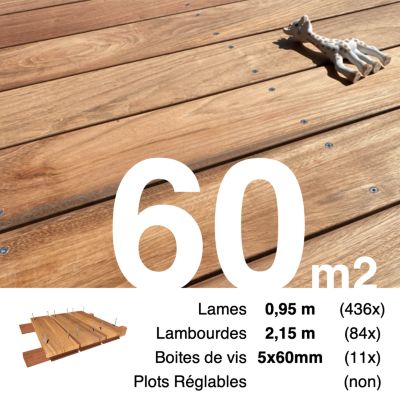 Kit terrasse bois exotique JATOBA pour 60 m², Lames 0,95 m, lambourdes 2,15 m et visserie Inox.