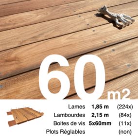 Kit terrasse bois exotique JATOBA pour 60 m², Lames 1,85 m, lambourdes 2,15 m et visserie Inox.