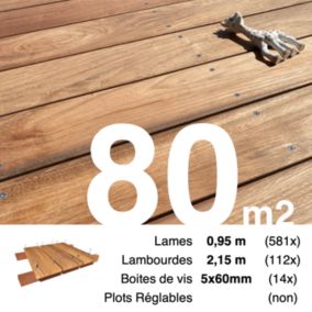 Kit terrasse bois exotique JATOBA pour 80 m², Lames 0,95 m, lambourdes 2,15 m et visserie Inox.